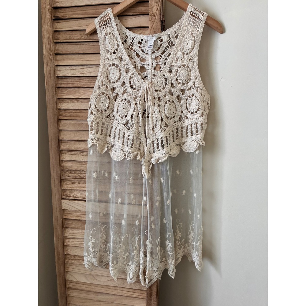 Est. 1946 Festival Boho Crochet Lace Mesh Embroidered Boho Vest Cream Ivory L